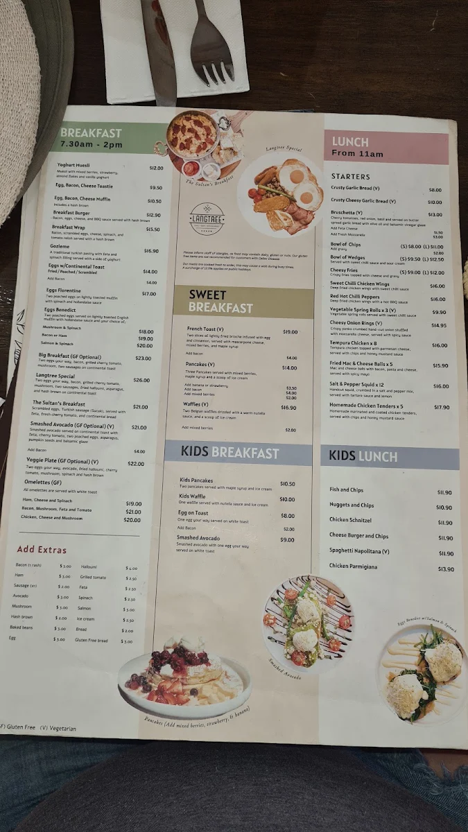 Menu, Langtree Cafe