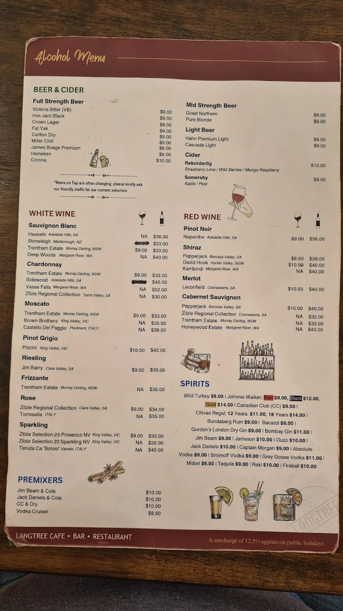 Menu, Langtree Cafe