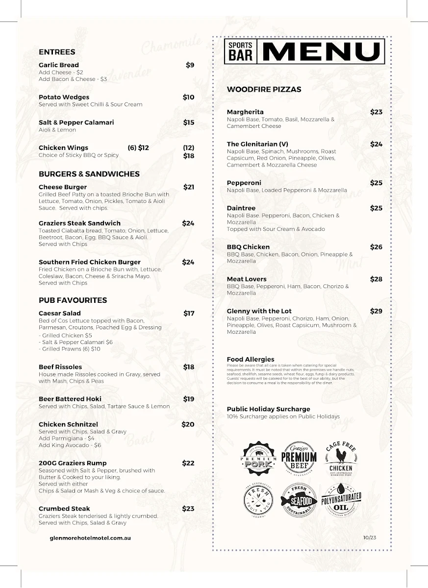 Menu, Glenmore Tavern