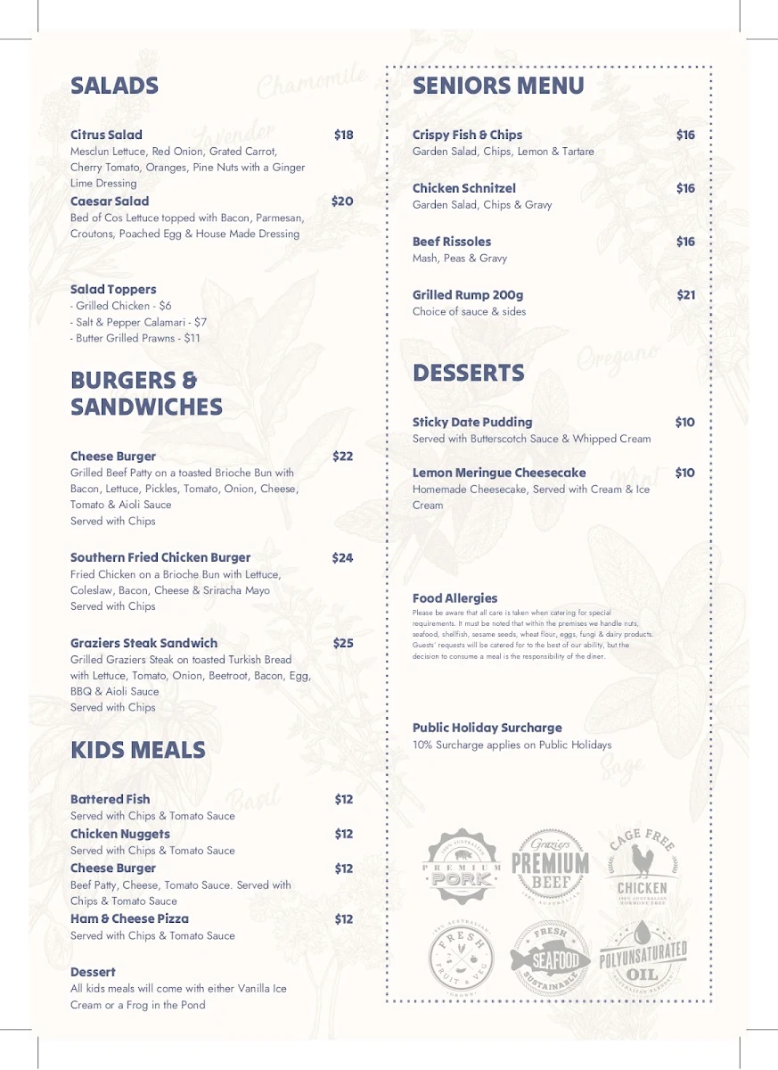 Menu, Glenmore Tavern