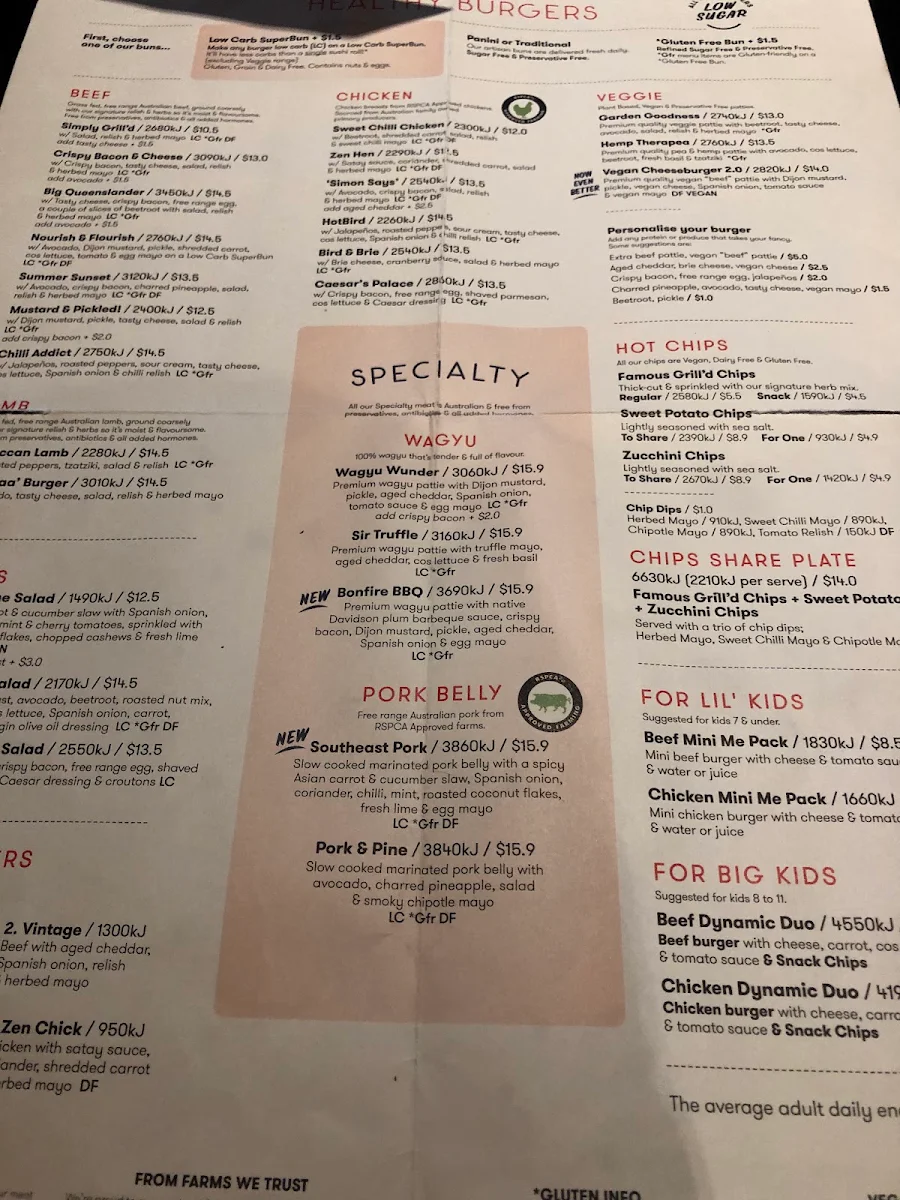 Menu, Grill'd Burgers - Toowong