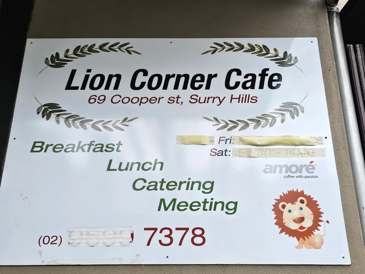 Menu, Lion Corner Cafe
