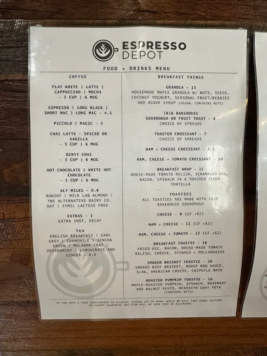 Menu, Espresso Depot