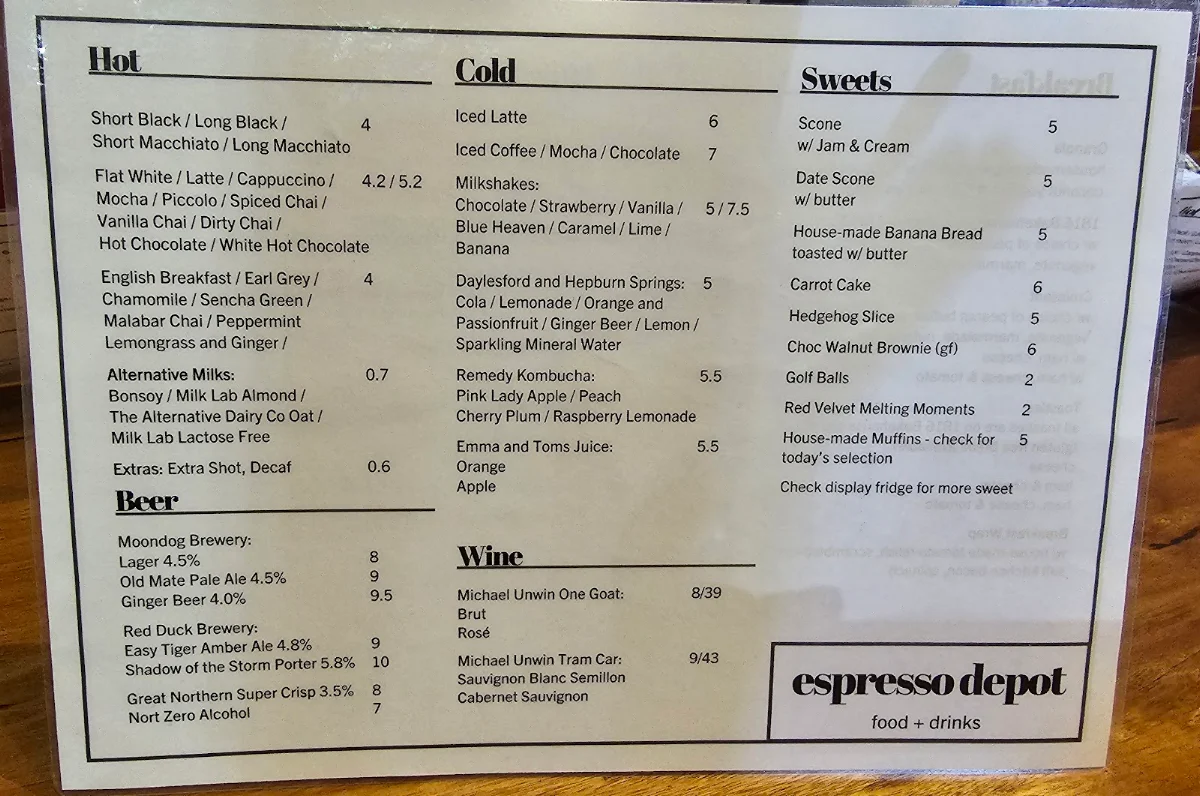 Menu, Espresso Depot