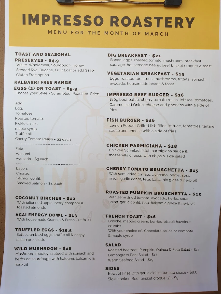 Menu, Impresso Roastery