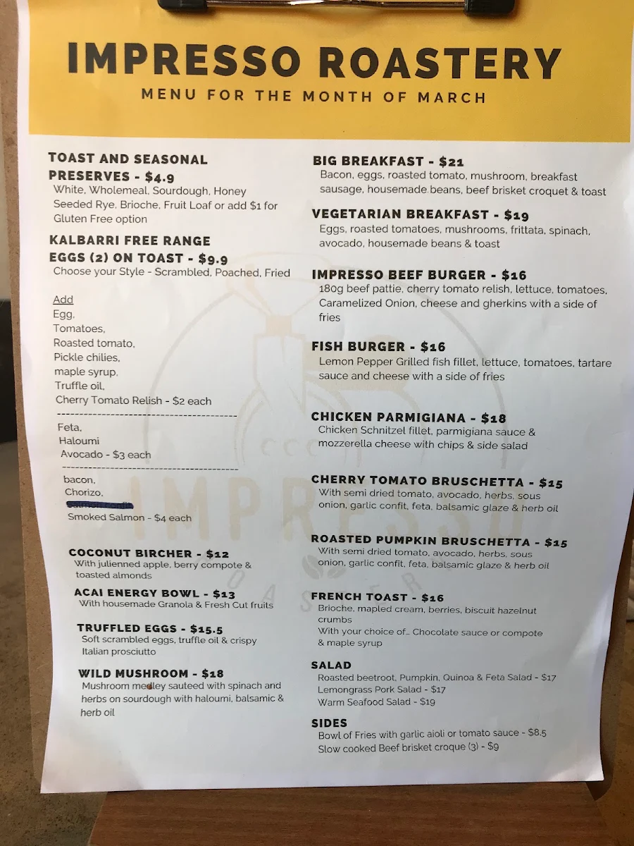 Menu, Impresso Roastery