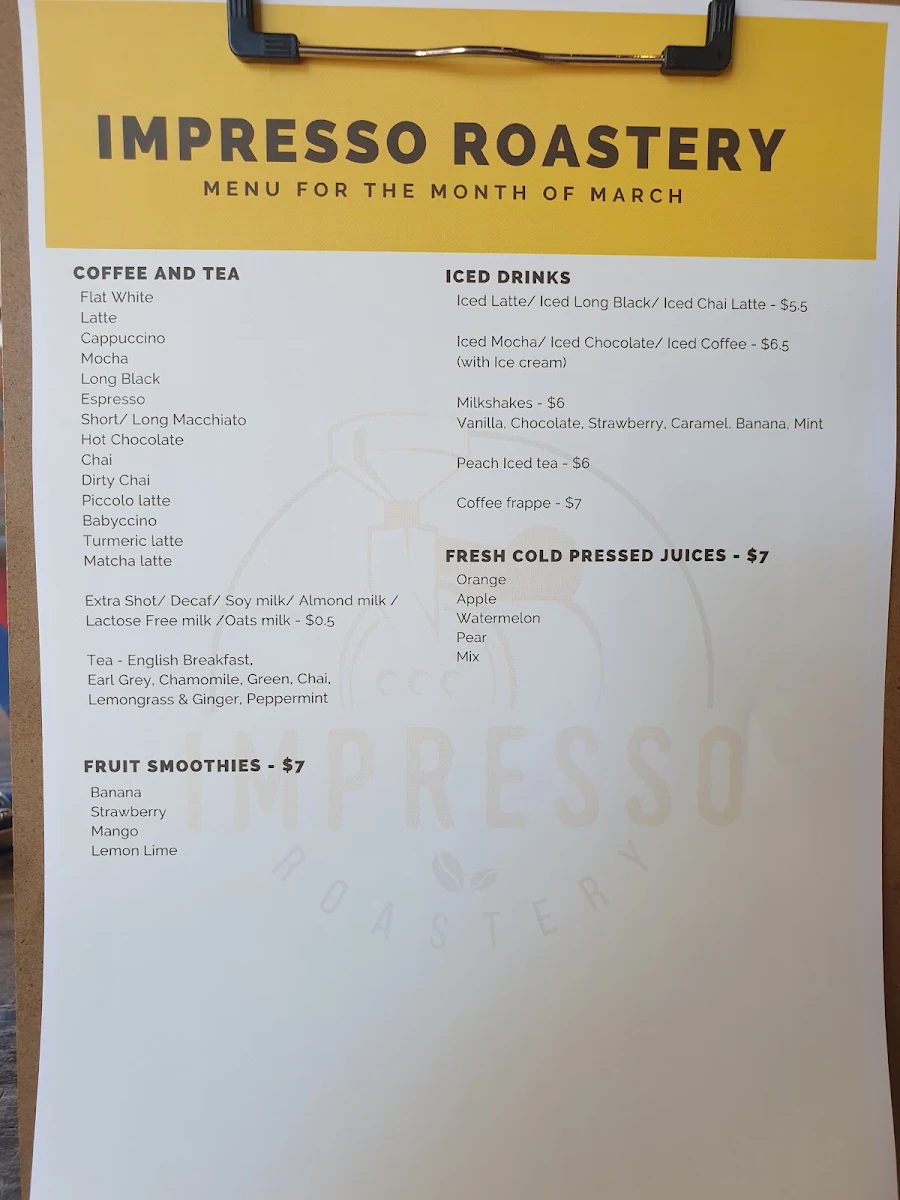 Menu, Impresso Roastery