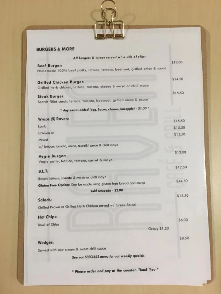 Menu, Raven Cafe & Grill