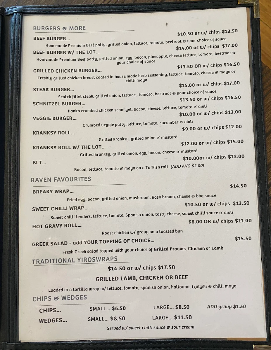 Menu, Raven Cafe & Grill