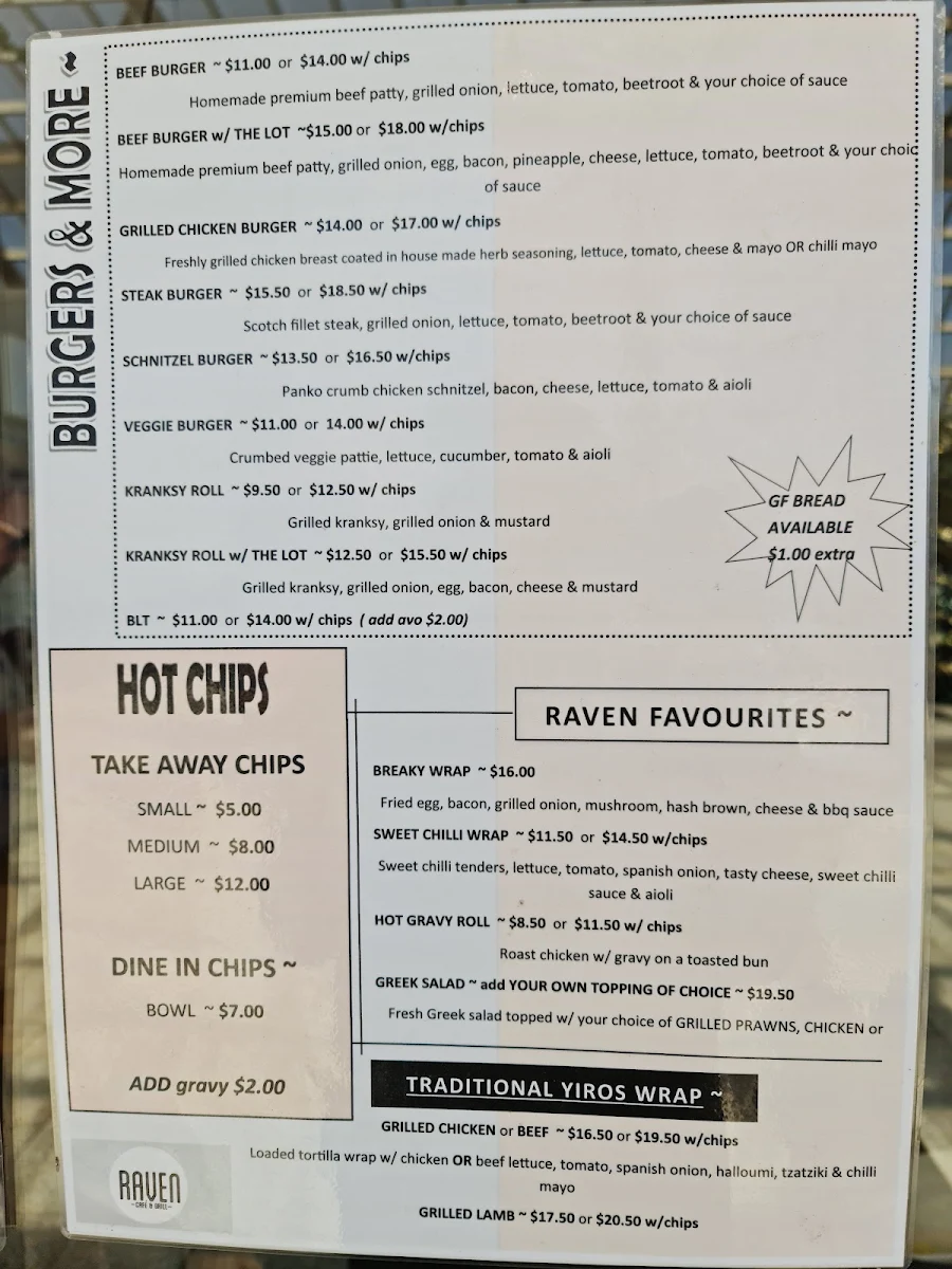 Menu, Raven Cafe & Grill