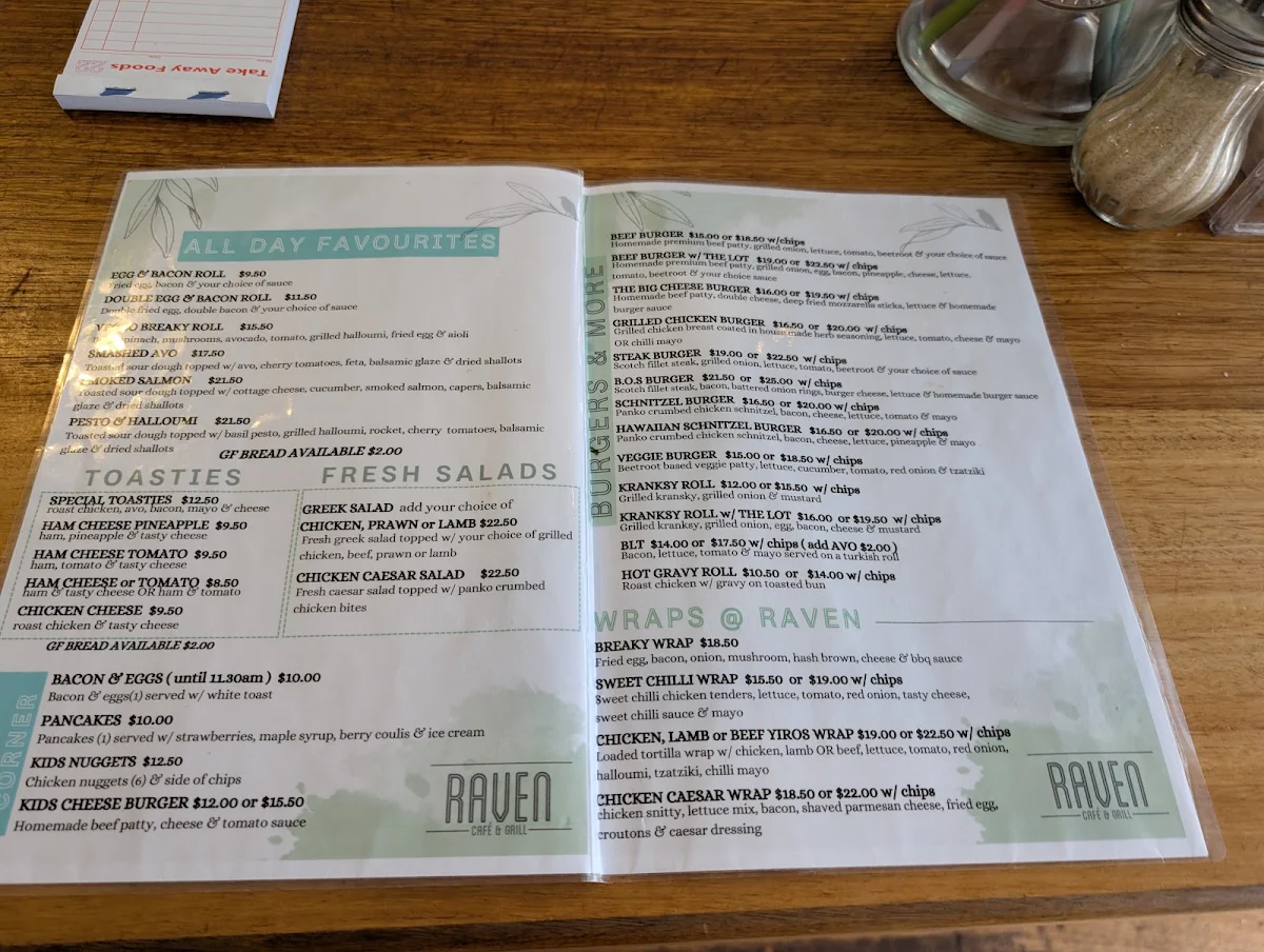 Menu, Raven Cafe & Grill