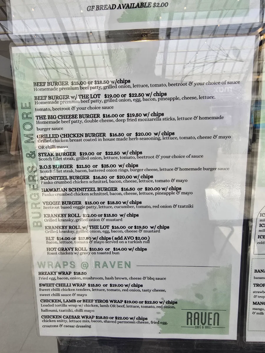 Menu, Raven Cafe & Grill