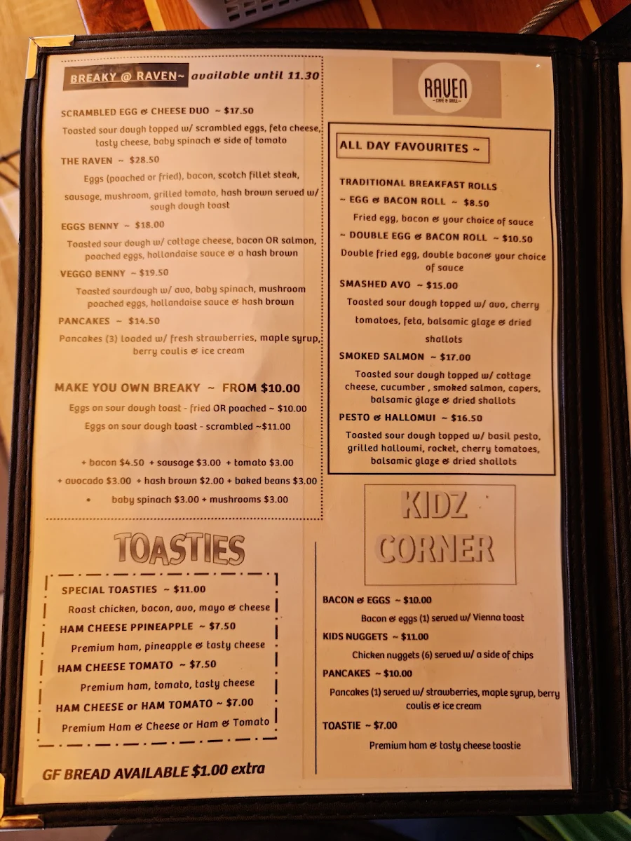 Menu, Raven Cafe & Grill