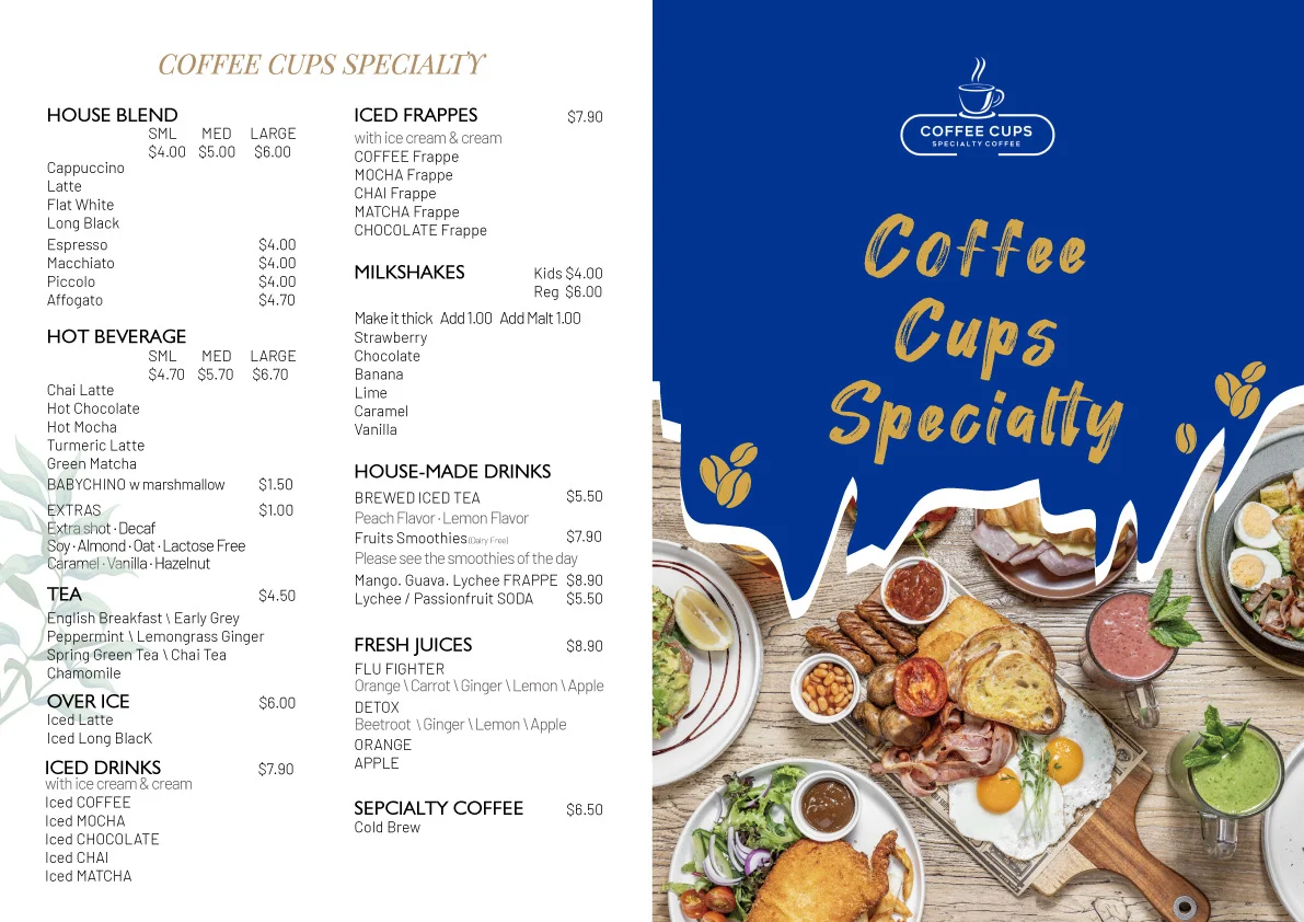 Menu, Coffee Cups Specialty Coffee