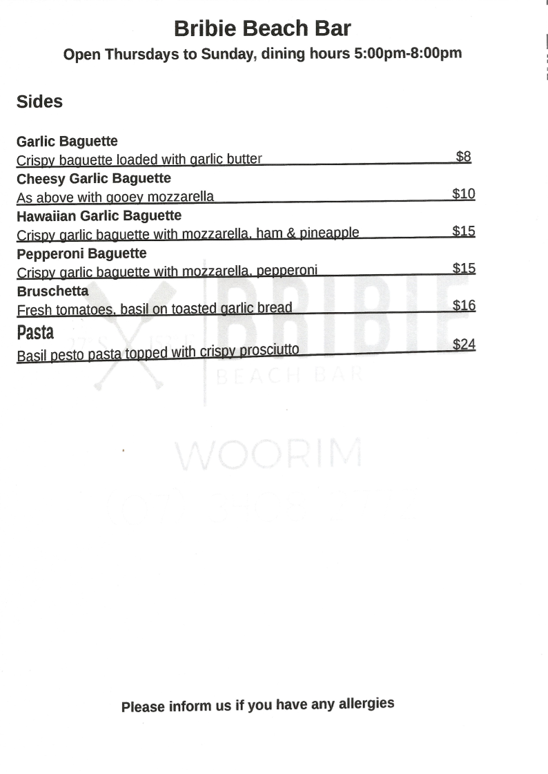 Menu, Bribie Beach Bar