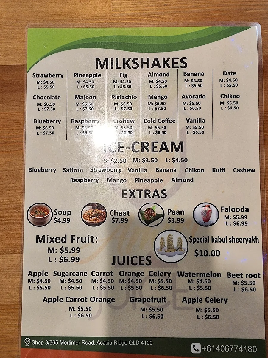 Menu, Foladi Juice Point