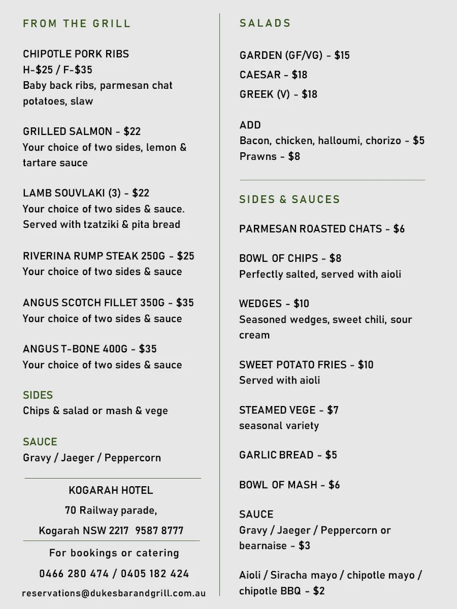 Menu, Kogarah Hotel