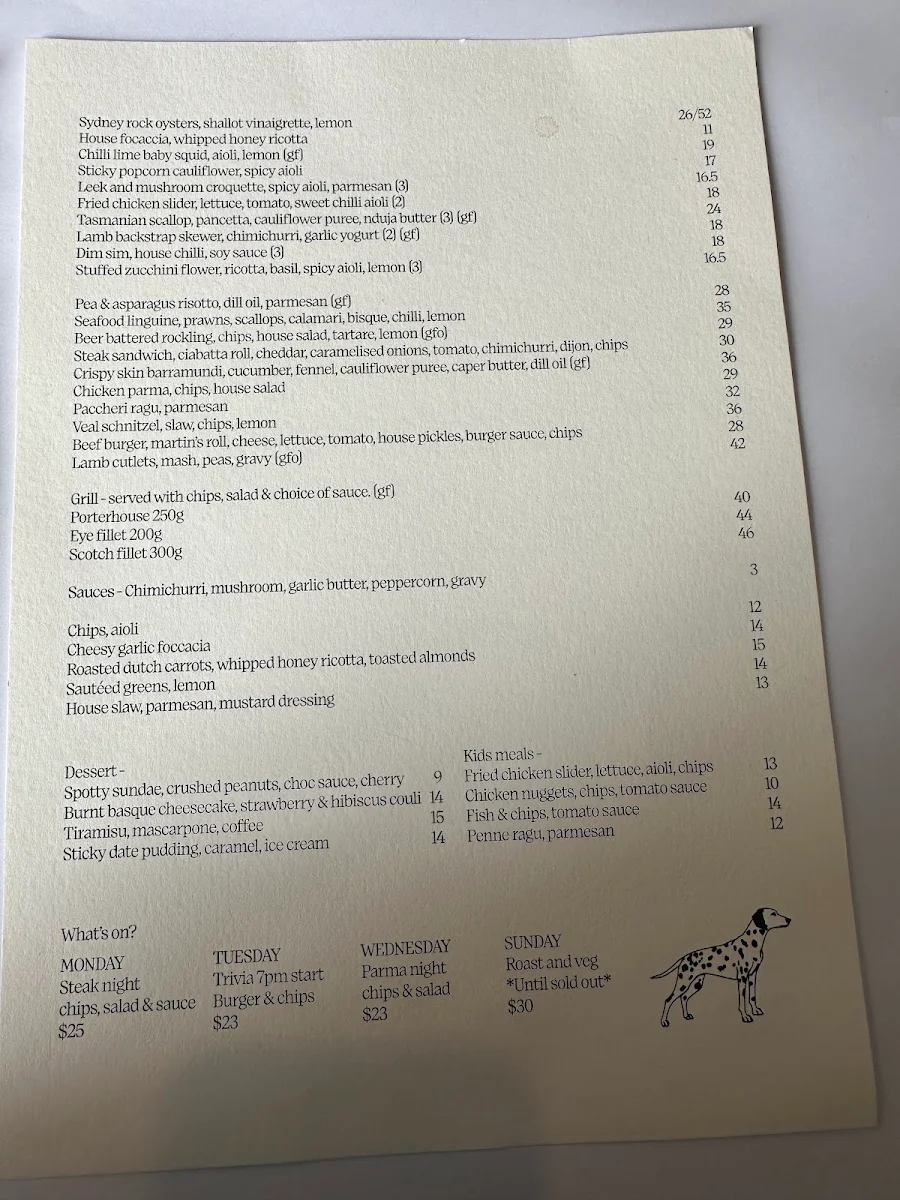 Menu, Spotswood Hotel
