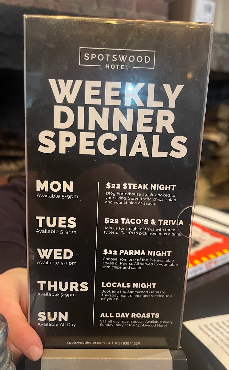Menu, Spotswood Hotel