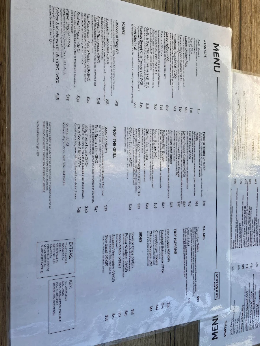 Menu, Spotswood Hotel