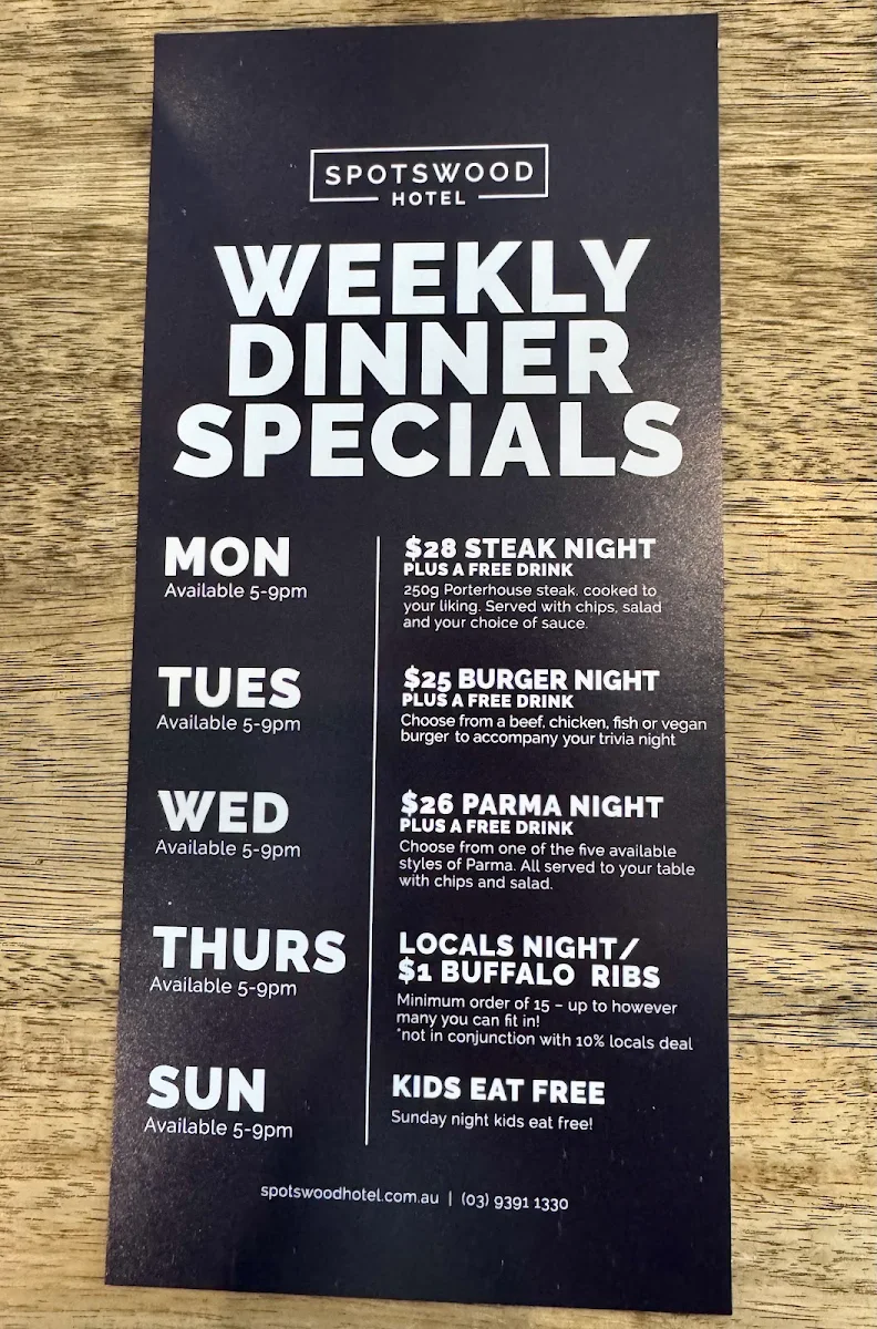 Menu, Spotswood Hotel