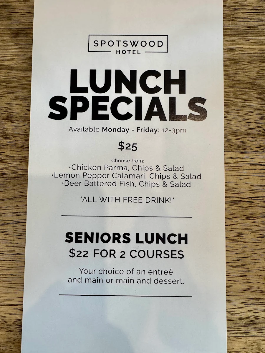 Menu, Spotswood Hotel