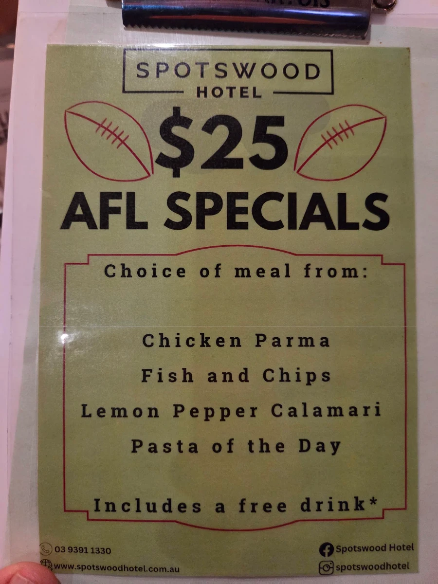 Menu, Spotswood Hotel