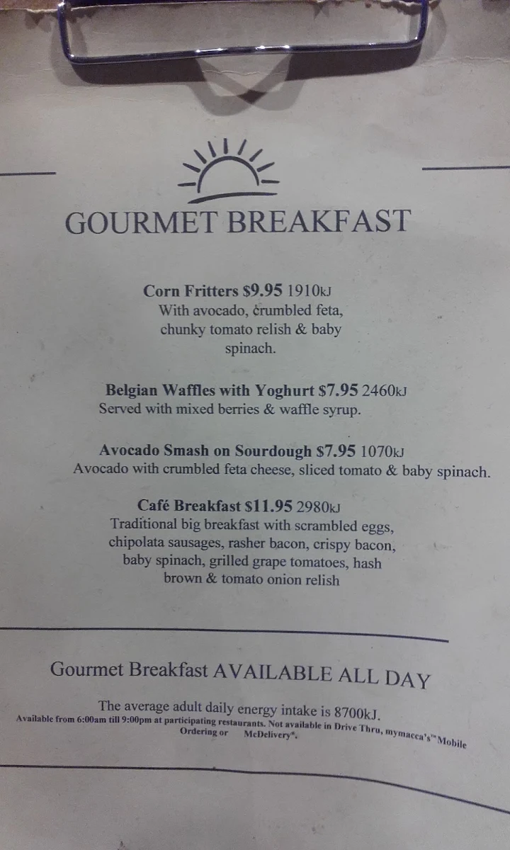 Menu, McDonald's Coffs Harbour North