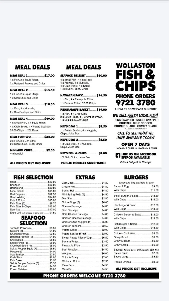 Menu, Wollaston Fish and Chips