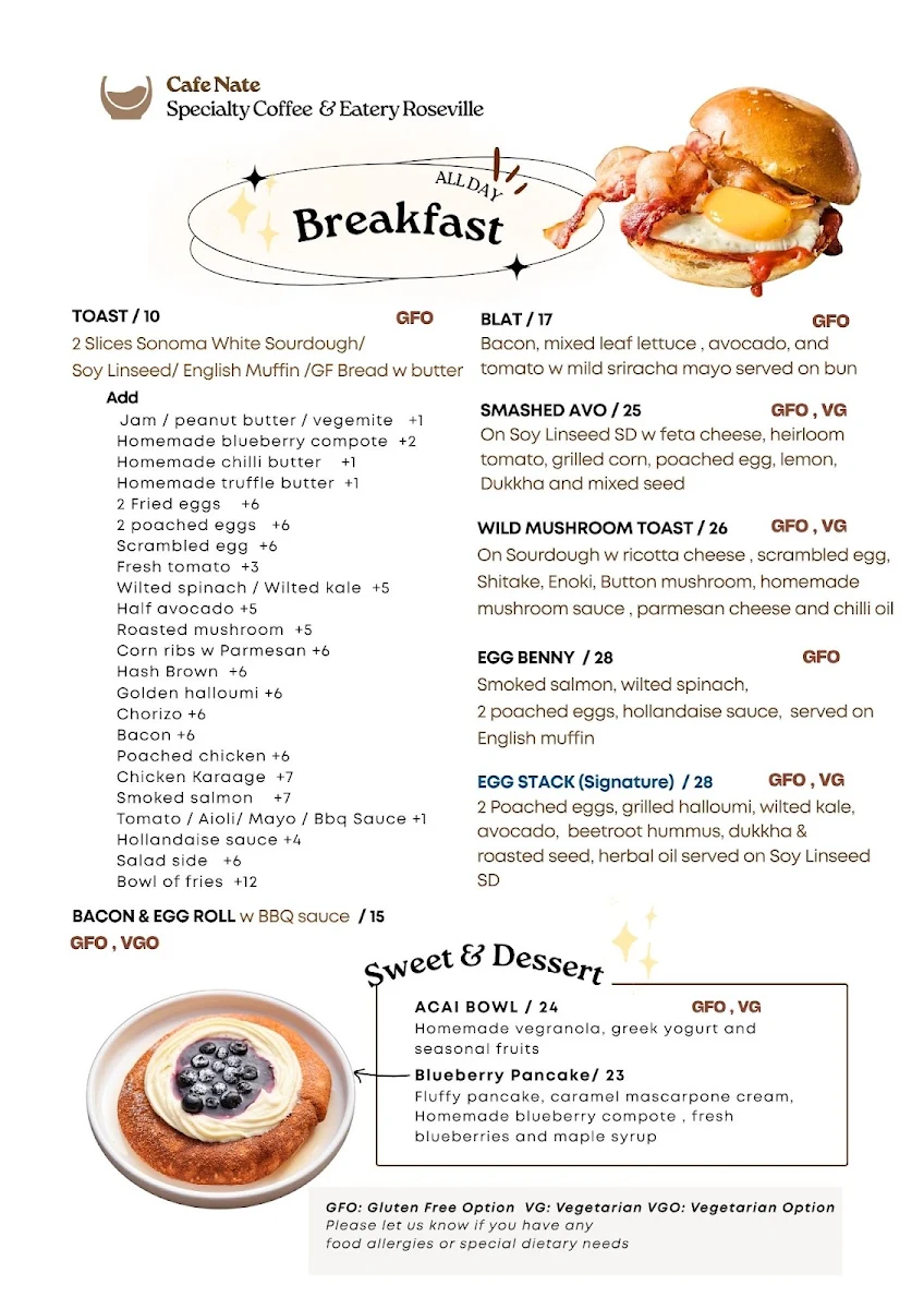 Menu, ☕ Cafe Nate - Specialty Coffee & Eatery in Roseville
