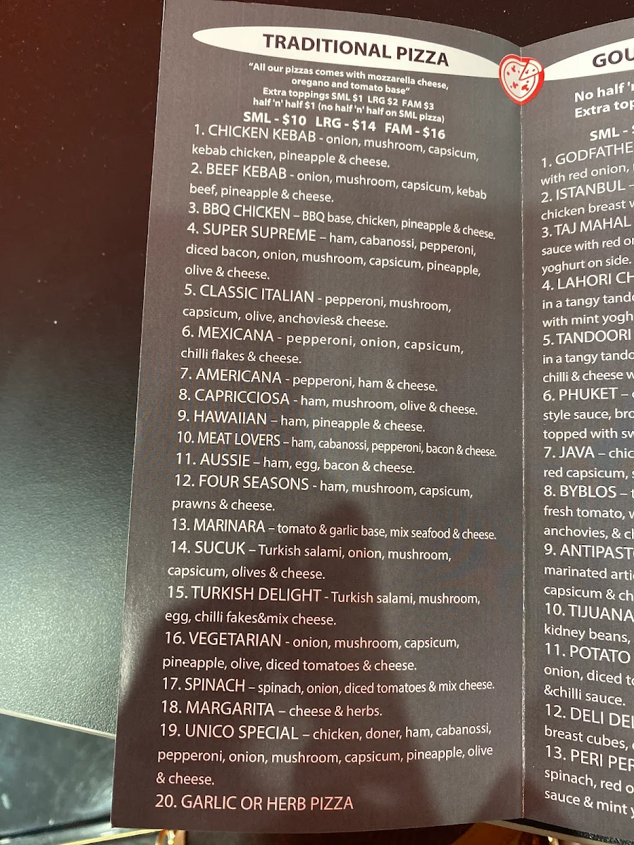 Menu, Unico Pizza & Kebab