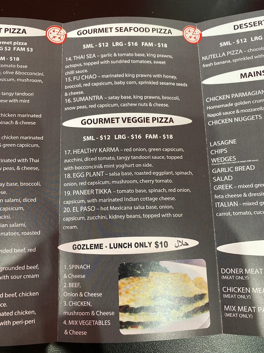 Menu, Unico Pizza & Kebab