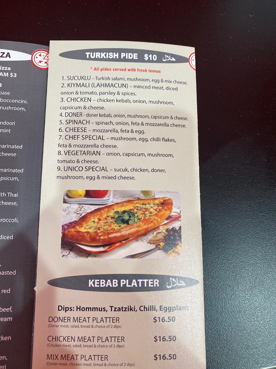 Menu, Unico Pizza & Kebab