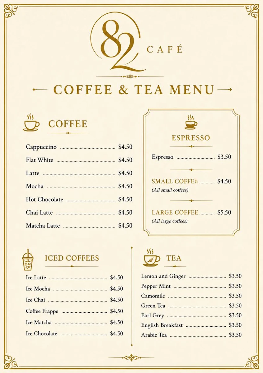 Menu, 82 CAFE