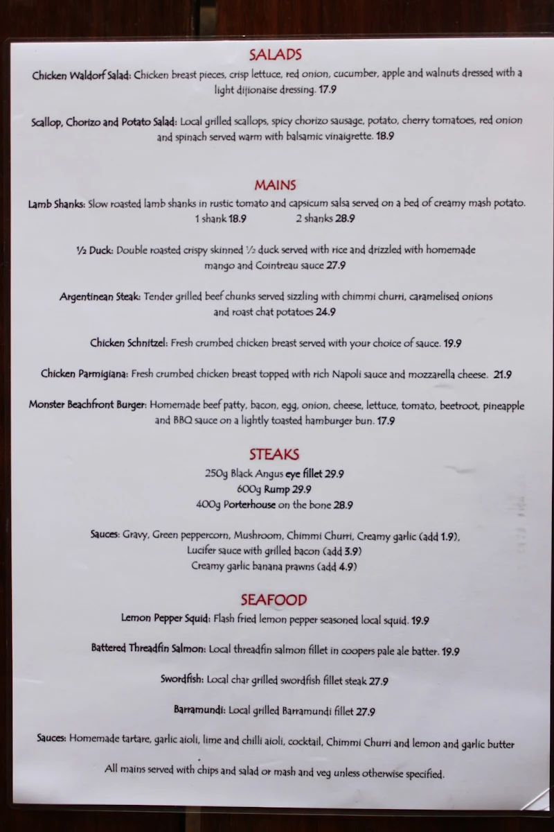 Menu, Beachfront Hotel