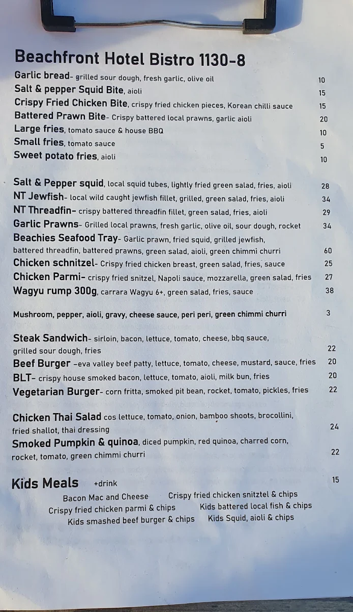 Menu, Beachfront Hotel