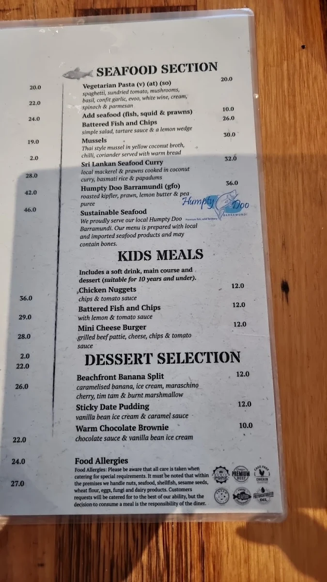 Menu, Beachfront Hotel
