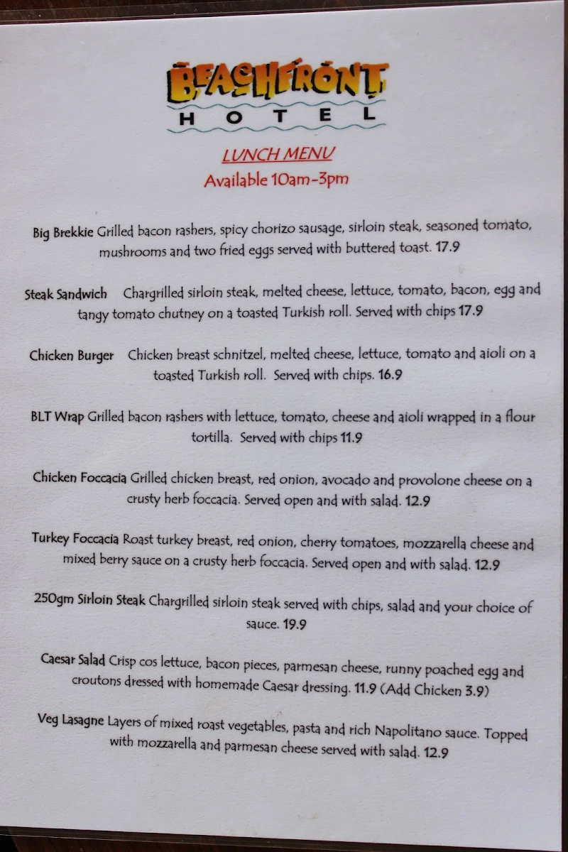 Menu, Beachfront Hotel