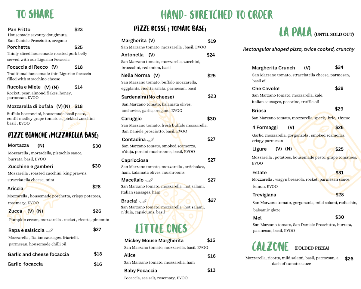 Menu, Caruggio Pizzeria