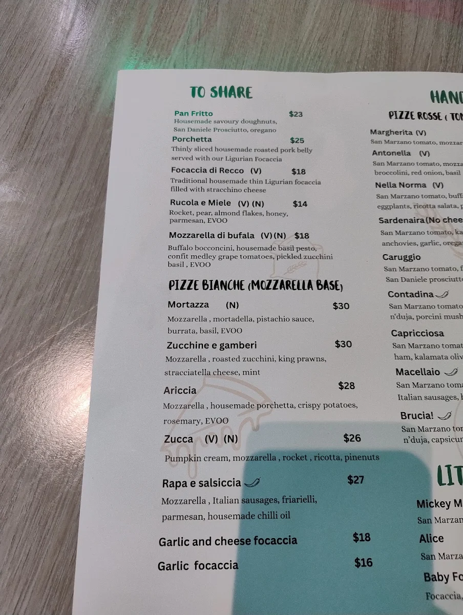 Menu, Caruggio Pizzeria