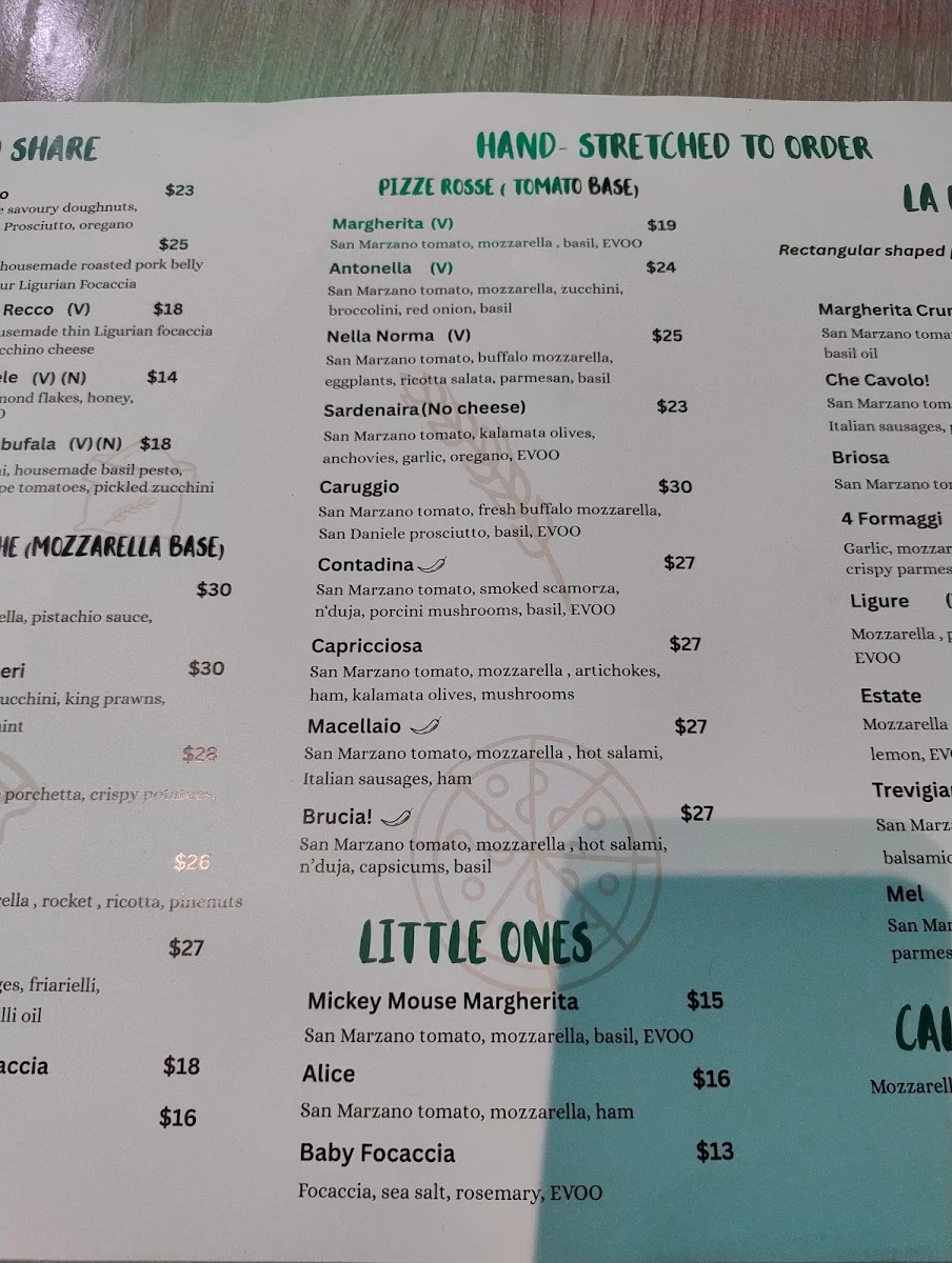Menu, Caruggio Pizzeria