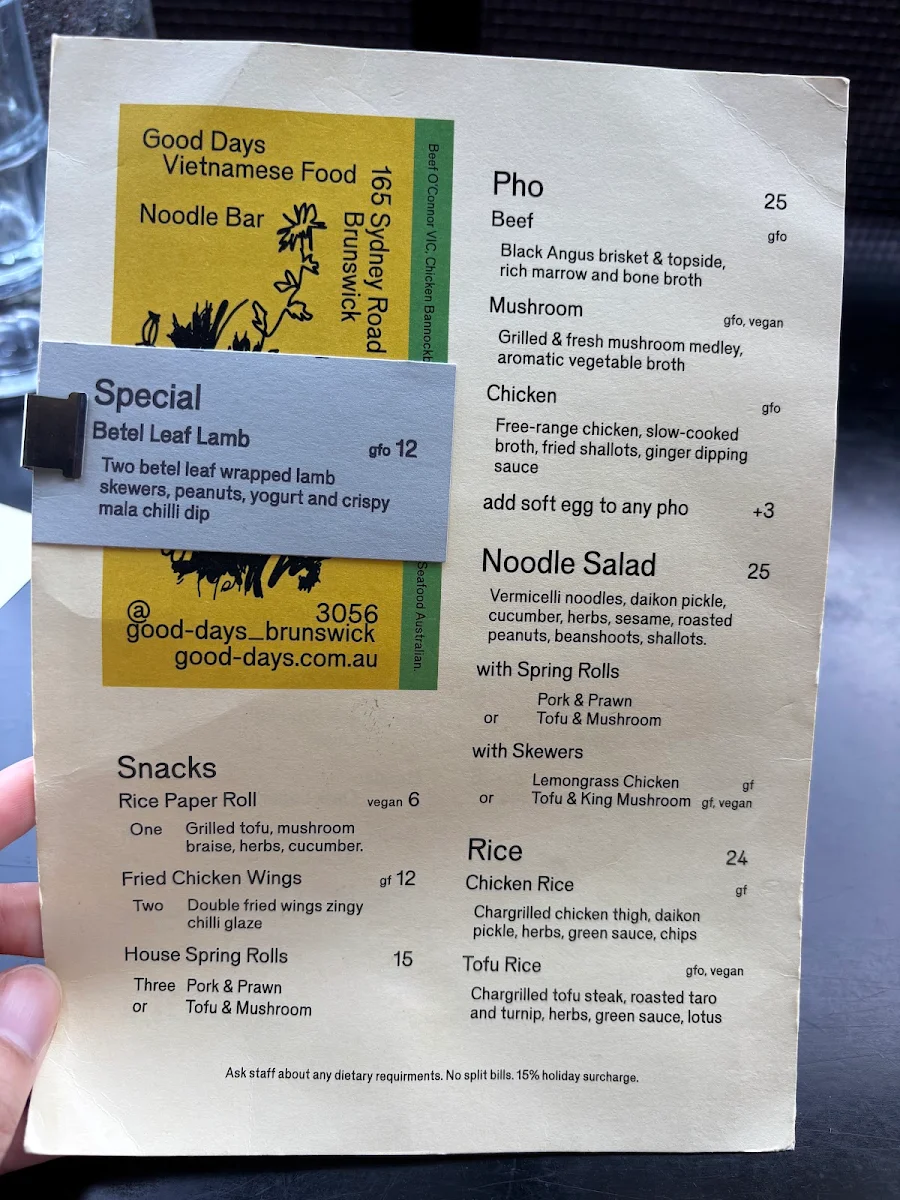 Menu, Good Days Brunswick