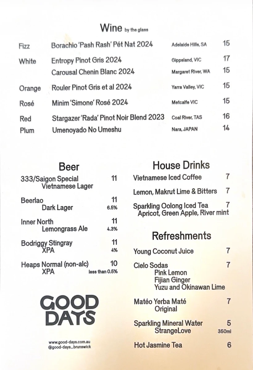 Menu, Good Days Brunswick