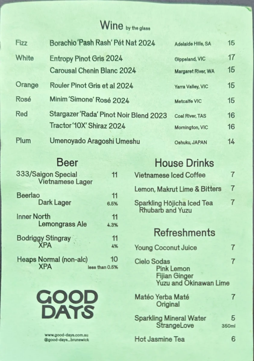 Menu, Good Days Brunswick
