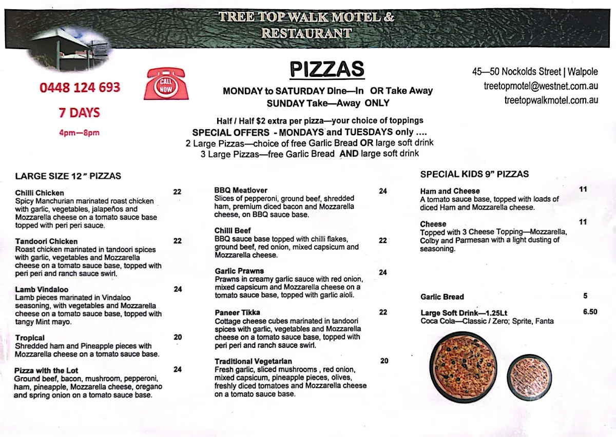 Menu, Tree Top Restaurant and pizza