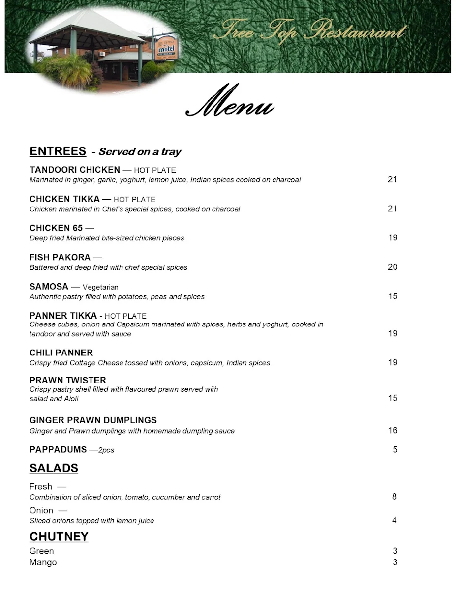 Menu, Tree Top Restaurant and pizza