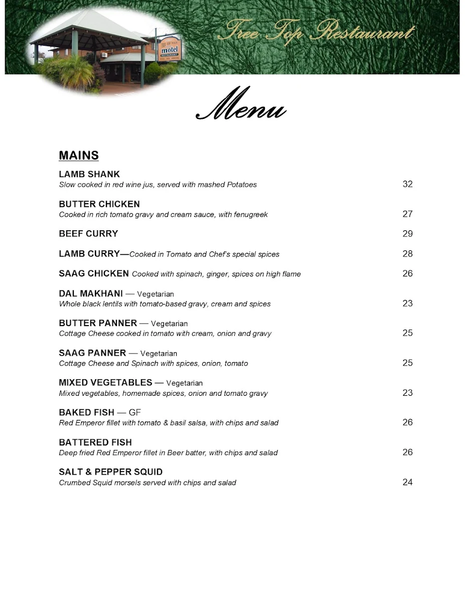 Menu, Tree Top Restaurant and pizza