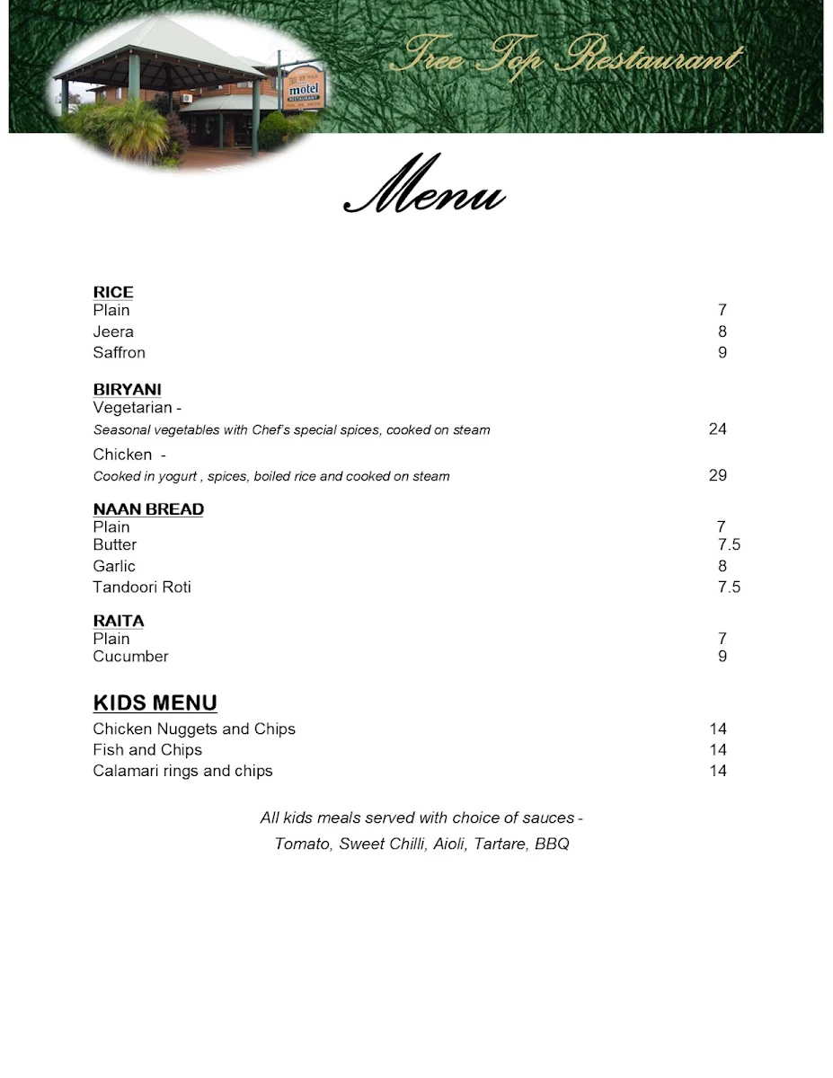 Menu, Tree Top Restaurant and pizza