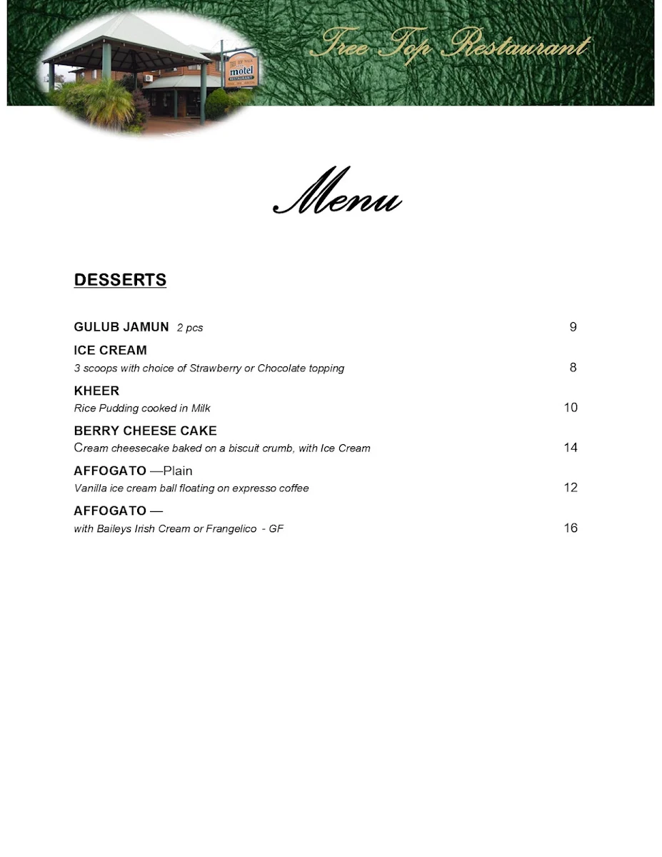 Menu, Tree Top Restaurant and pizza