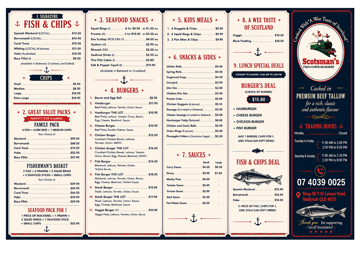 Menu, Scotsman's Fish + Chips + Burgers